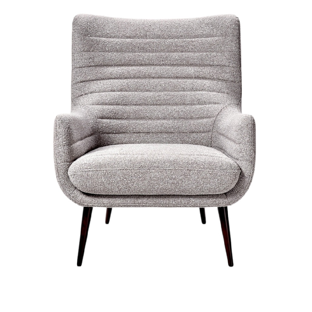 **Fauteuil en tissu gris avec accoudoirs et pieds en bois**