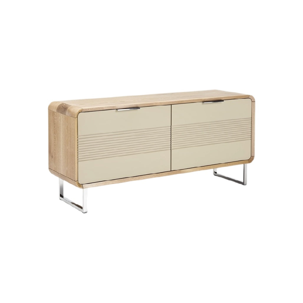 **Meuble TV en bois avec portes en laqué crème et piètement en métal**